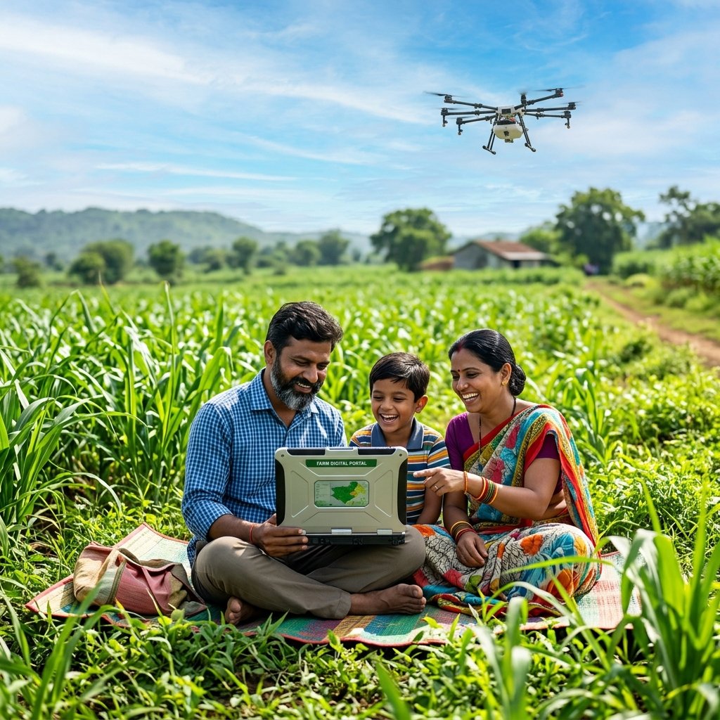 Indian Farmer Family with Agriculture Technology